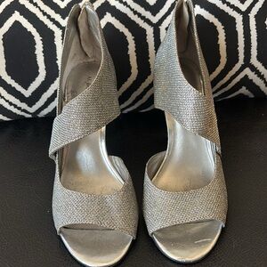 Audrey Brooke silver glitter peep toes cut out heels formal shoes